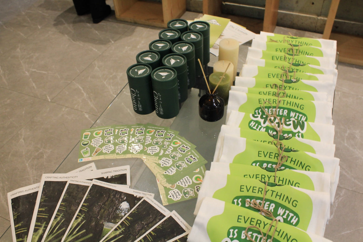 Chotto Matcha gift packages with branded bags, tea accessories and printed materials