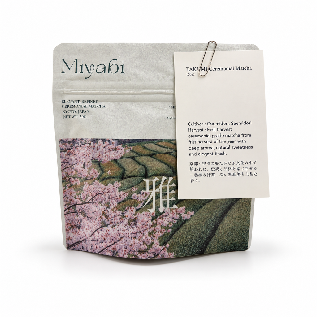 Miyabi Takumi ceremonial matcha 50g pouch with information card, white background