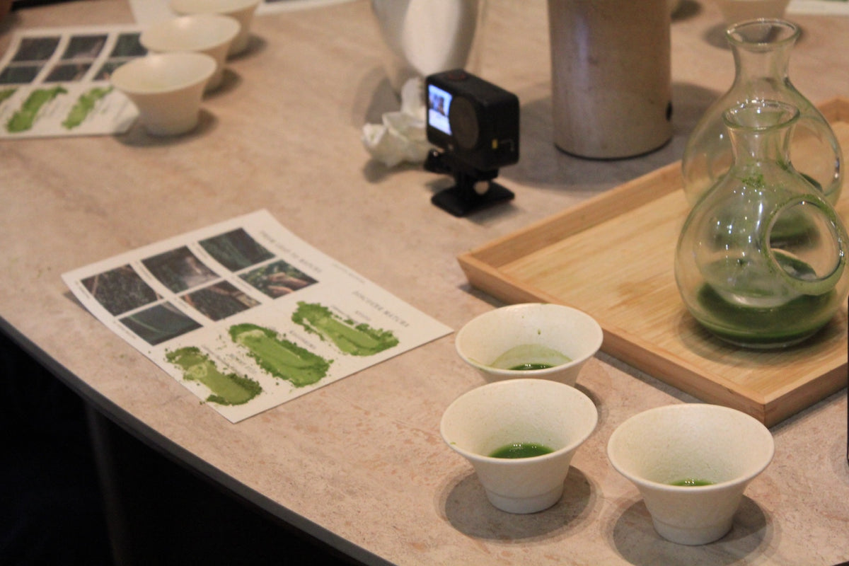 Matcha tasting bowls and samples arranged for a workshop